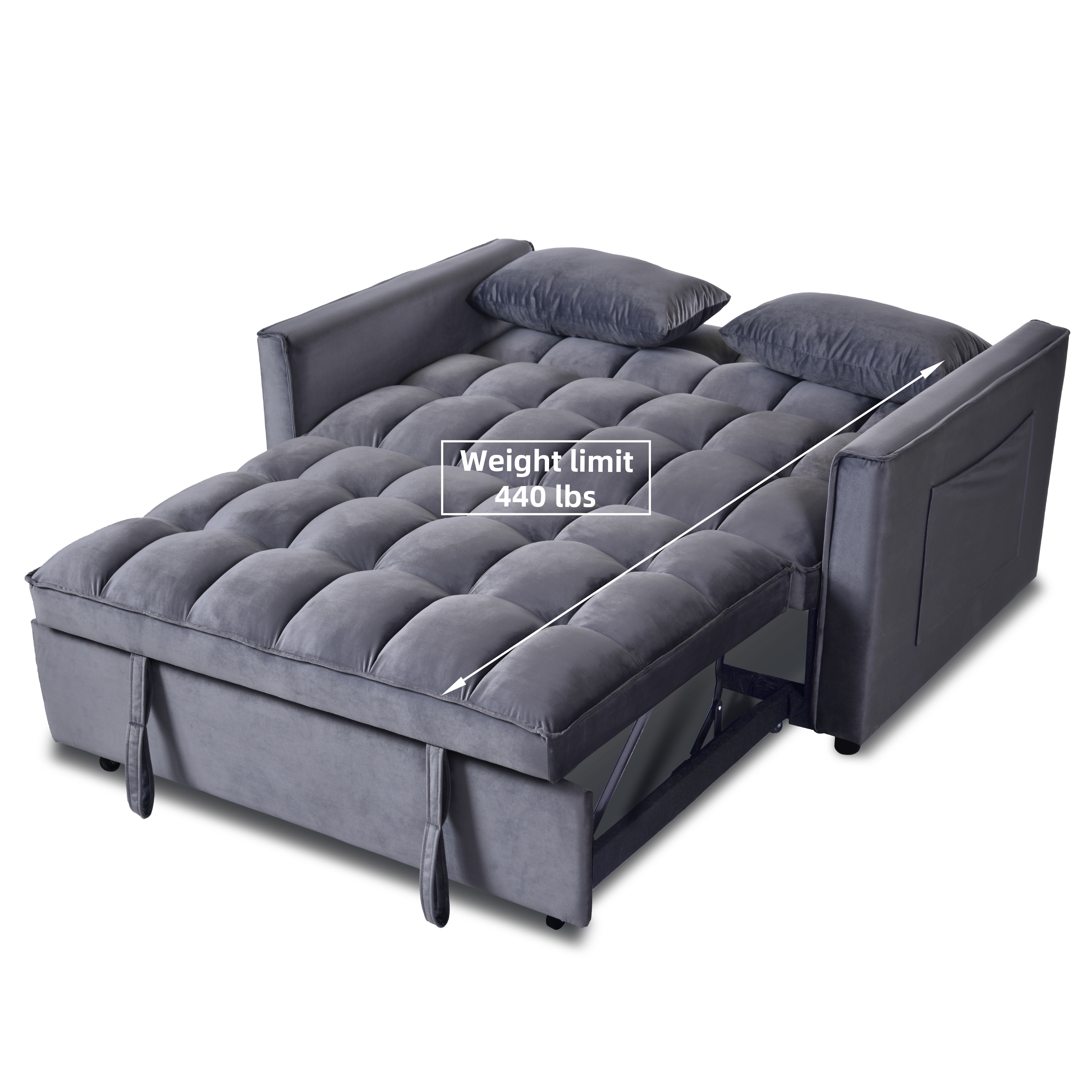Convertible Sofa Bed, 3-in-1 Velvet Sleeper Sofa Couch With Pullout Bed, Pull Out Couch With Side Pockets And Adjustable Backrest, Sectional Sofa For Living Room, Grey, Made In Vietnam_maomaolike.com